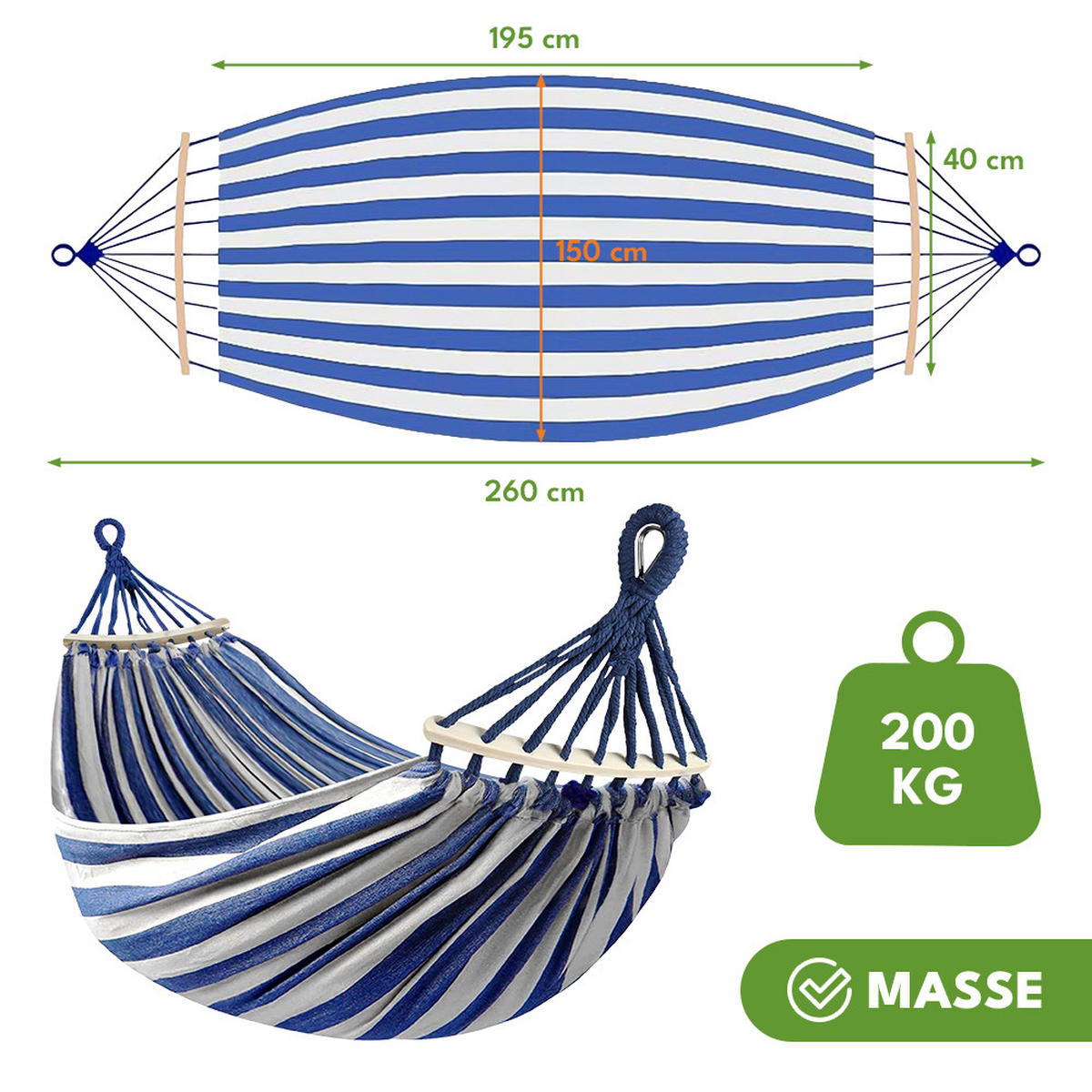 HÄNGEMATTE Weiß-Blau - Blau, Textil (150/40/260cm) - KRUMAD