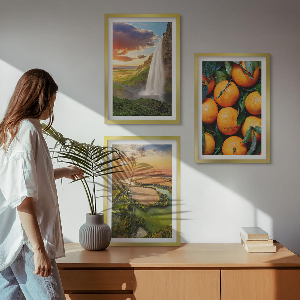 BILDER SET 3er Set - 40x60 cm Goldrahmen - Orange Mountain Wasserfall - Goldfarben, Kunststoff (40/60cm) - TULUP