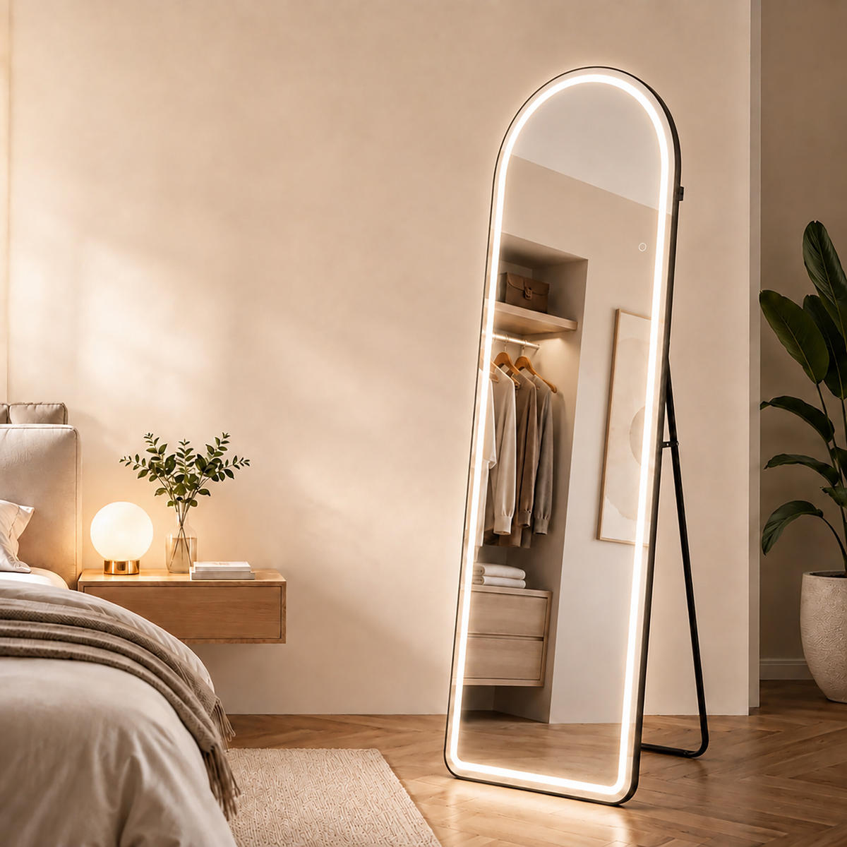 GANZKÖRPERSPIEGEL Schwarz Bogen LED-Beleuchtung 160x50 cm - Schwarz, Glas/Holzwerkstoff (50/160/4.5cm) - Relaxdays