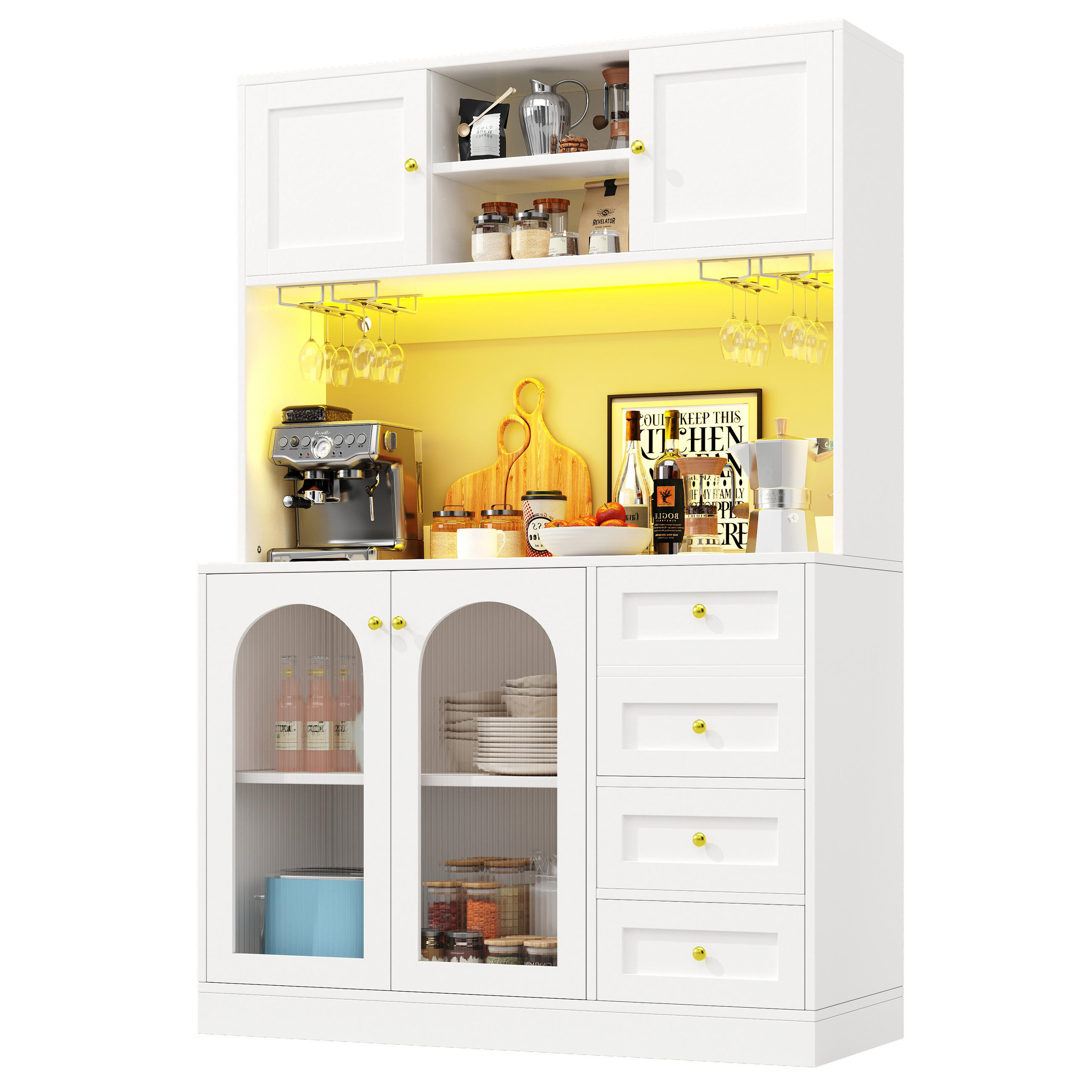 HIGHBOARD in Weiß Küchenschrank mit LED-Lichtleiste und Schubladen für Küche und Wohnzimmer, B120/T40/H188 cm - Weiß, Glas/Holzwerkstoff (120/188/40cm) - STILVORA
