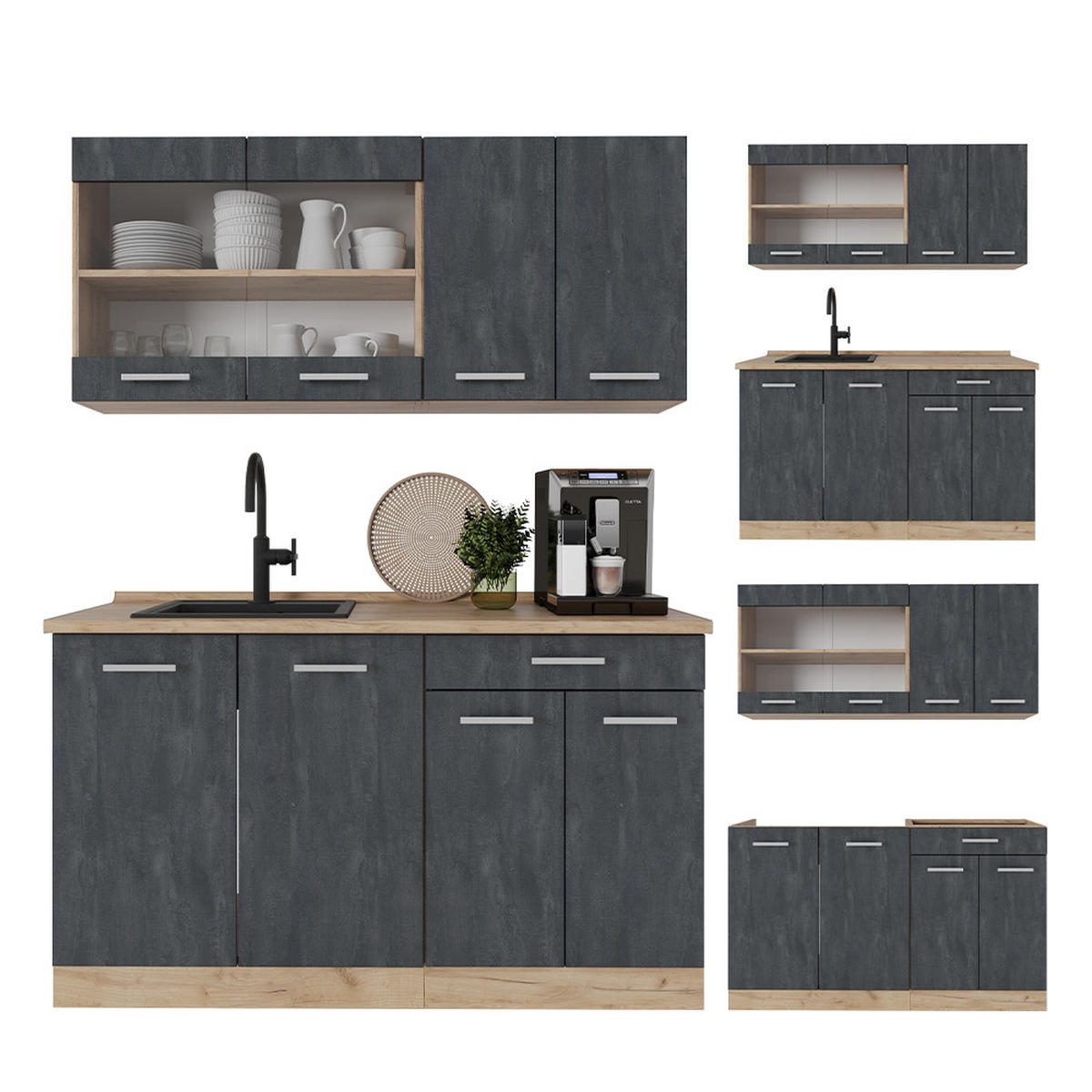 SINGLEKÜCHE R-Line Schwarz Beton/Goldkraft Eiche 140 cm AP Anthrazit - Eiche Wotan/Schwarz, Holzwerkstoff (140/81.6/60cm) - Vicco