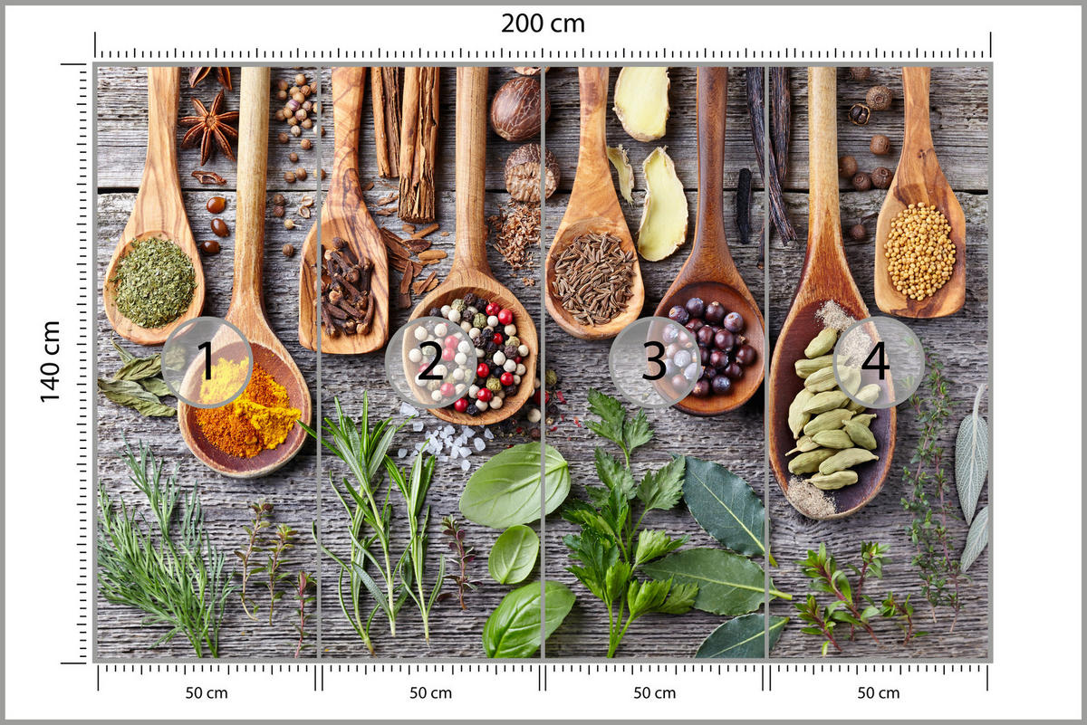 FOTOTAPETE für Küche Kräuter Gewürze Holzlöffel Tisch 200x140 - Gelb/Beige, Papier (200/140cm) - Muralo