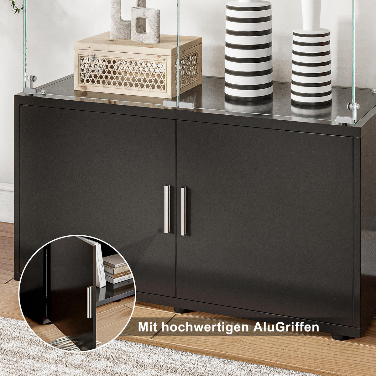 GLASVITRINE 4 Türen 6 Einlegeböden LED Touch schwarz - Schwarz, Holz (78.5/164/35cm) - Fortuna Lai