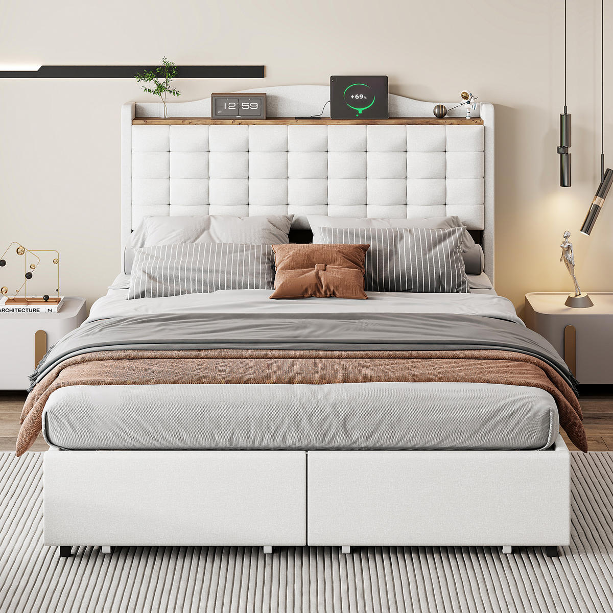 POLSTERBETT 140/200 cm beige mit USB-Anschluss und 4 Schubladen - Beige, Textil (140/200cm) - OKWISH