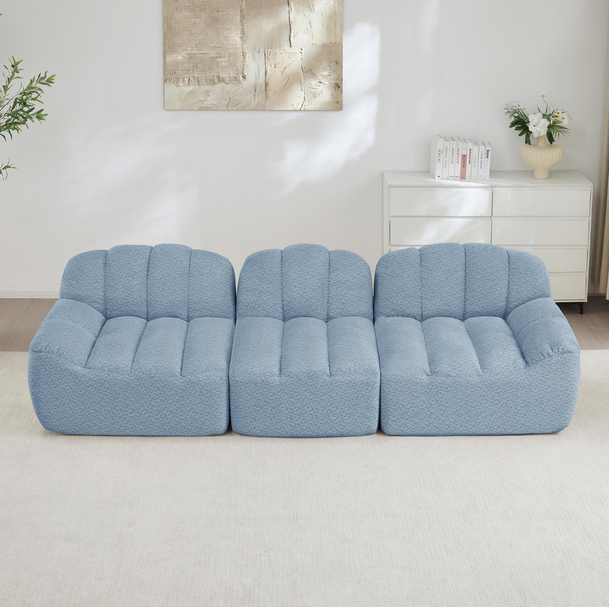 MODULARES 3-Sitzer-Sofa aus granuliertem Fleece mit ergonomischer Form Blau - Blau, Textil (104/79/288cm) - Modenvie