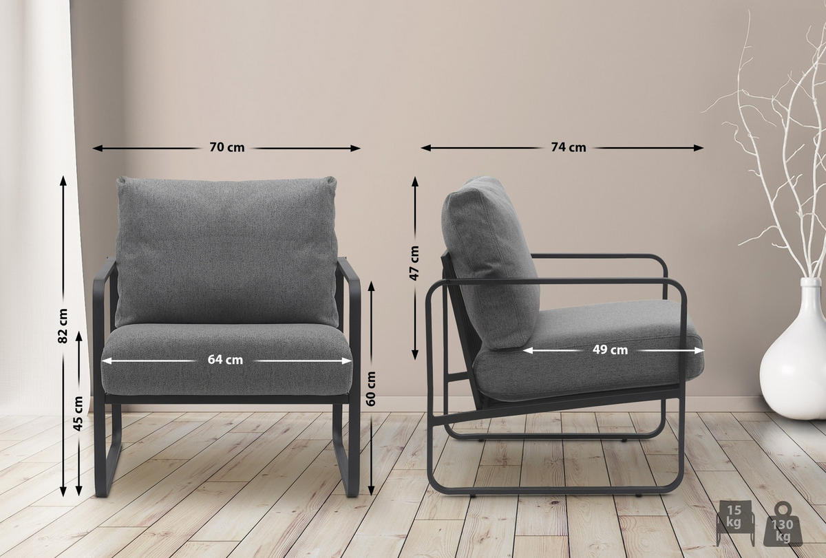 SESSEL Stoff dunkelgrau - Dunkelgrau/Schwarz, Textil/Metall (70/82/74cm) - CLP
