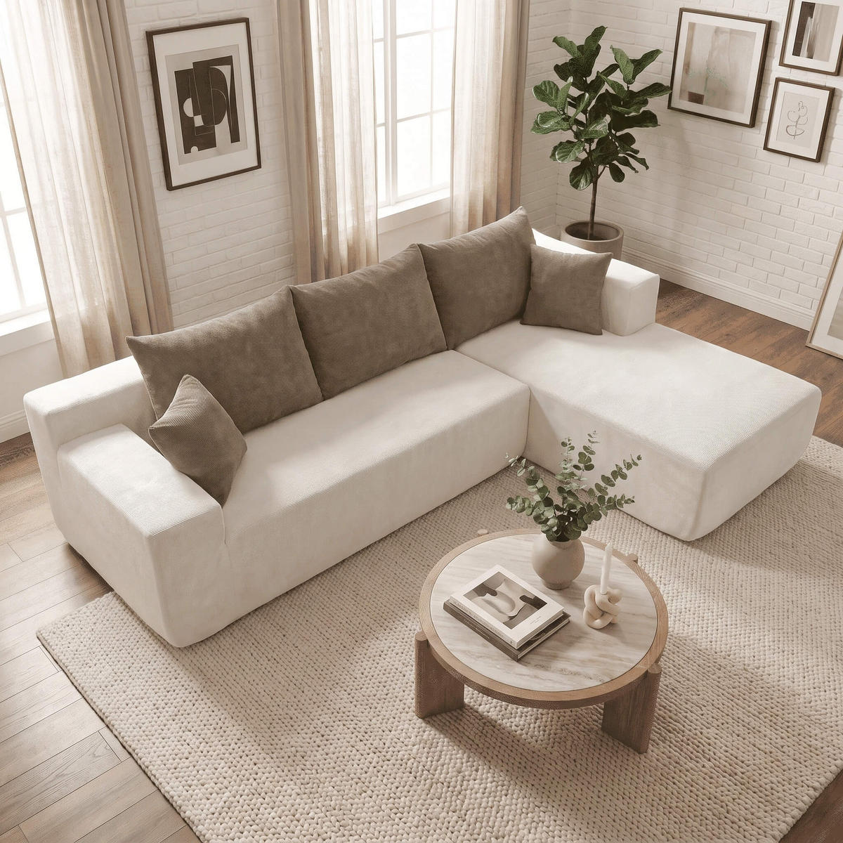 ECKSOFA Luna Weiß Sand 3-Sitzer Rechts - Beige, Textil (267/175cm) - COCO Living