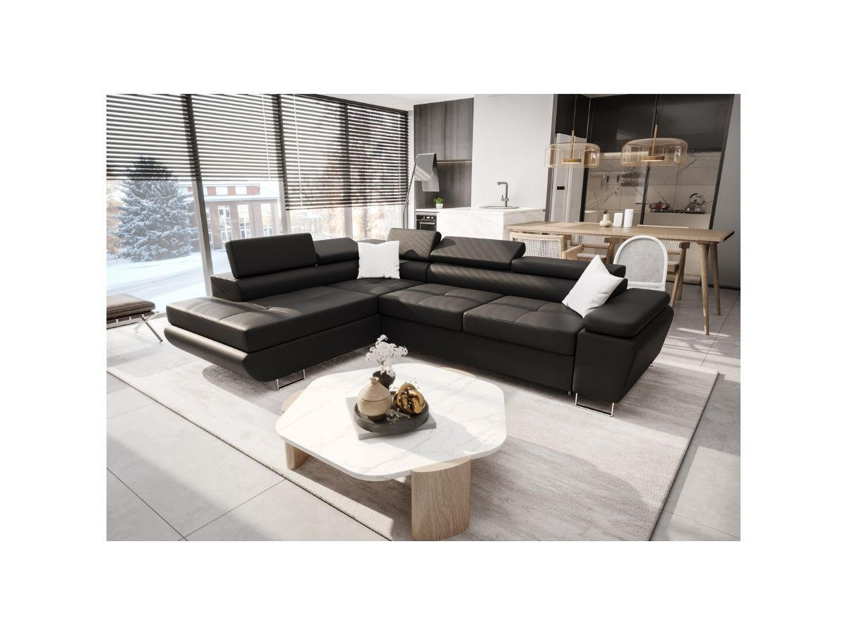 ECKSOFA KONGO RBN04, Eckcouch in L-Form mit Schlaffunktion, Farbe: Schwarz, Kunstleder, Ottomane Links - Schwarz, Textil (272/200cm) - O-Sofa