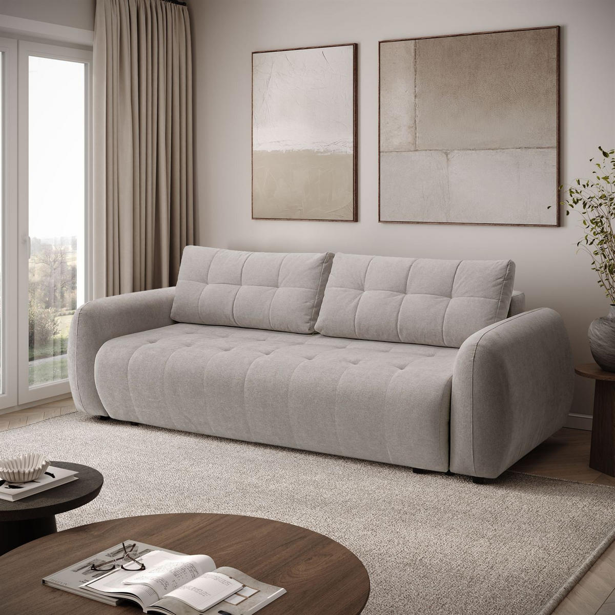 SOFA OMEGA Zweisitzer mit Schlaffunktion, Rosa 27 - Beige, Textil (252/92/105cm) - Lookway