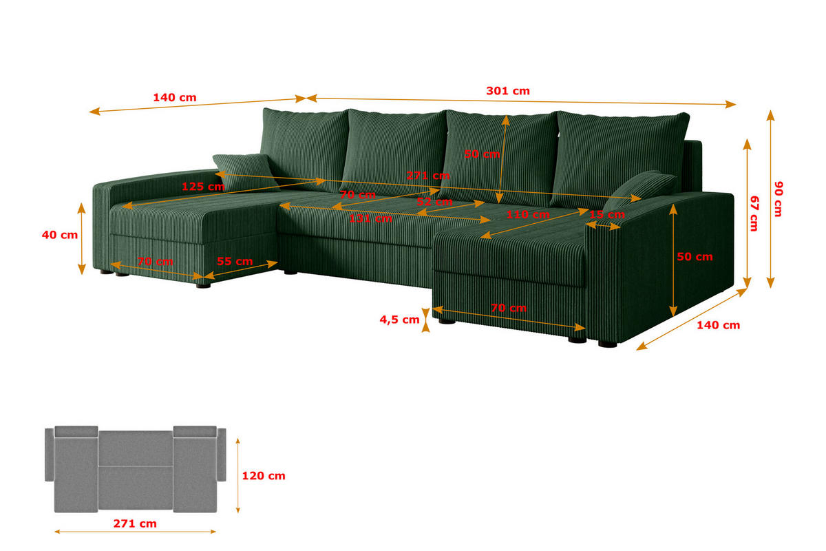 WOHNLANDSCHAFT mit Schlaffunktion und Bettkasten ALESIA-U 301x140x90 cm Grün Cord - Silberfarben/Grün, Holzwerkstoff/Kunststoff (301/90/140cm) - ALTDECOR