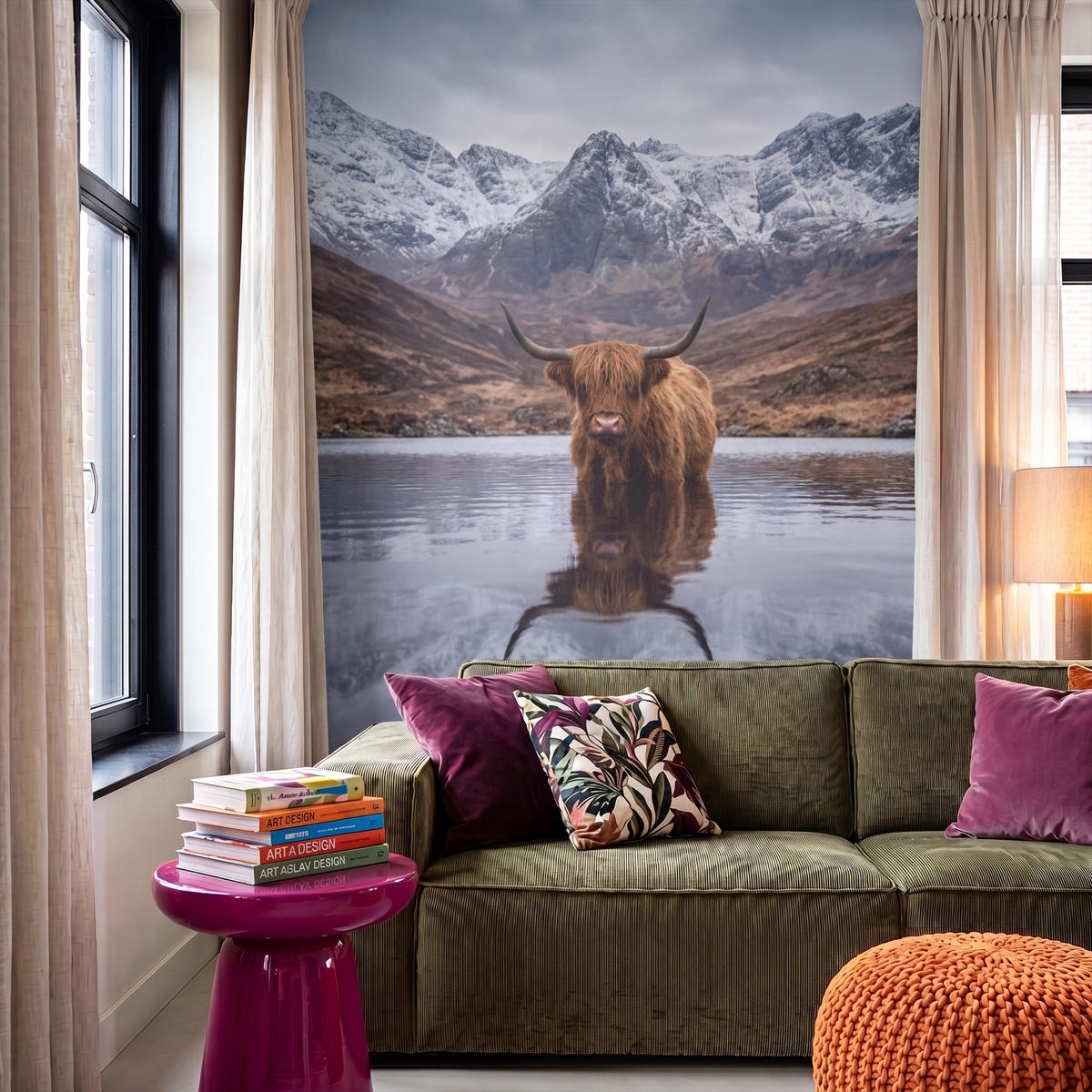 TAPETE - Schottischer Hochländer - Braun - Wasser - 160x240 cm - Braun, Papier (160/240cm) - OnlyWow