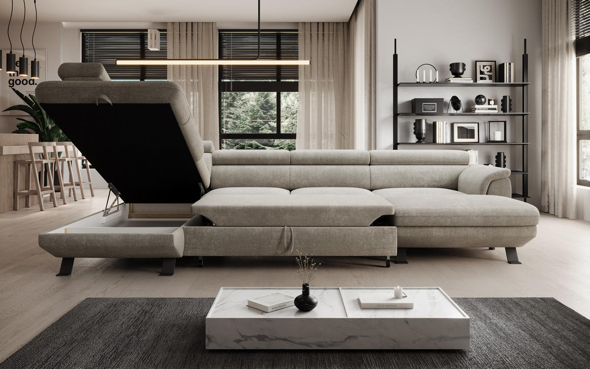 ECKSCHLAFSOFA Raven XL, Verstellbaren Kopfstützen, Bettkasten, Großes Sofa 334x198x162cm Linke, Nata - Grau, Holz/Textil (198/334cm) - DomoHome