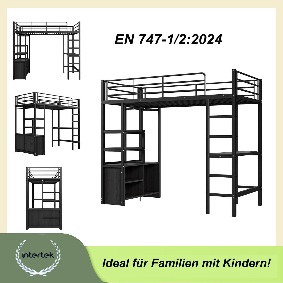 HOCHBETT 90x200cm Schwarz Metall Schreibtisch Steckdose USB Regale Geländer - Schwarz, Metall (90/200cm) - FLIEKS