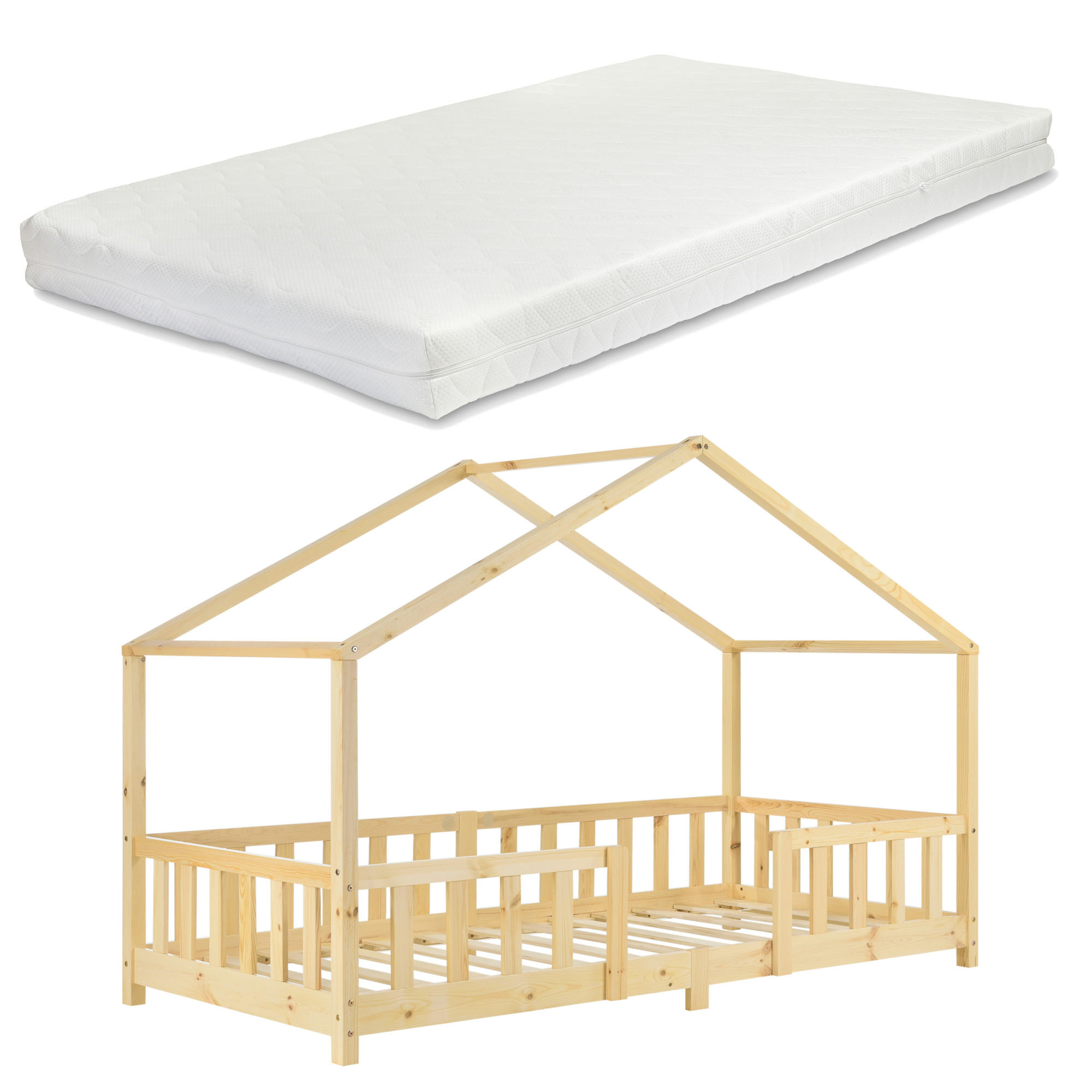 HAUSBETT Treviolo mit Matratze - Naturfarben, Holz/Textil (90/200cm) - [en.casa]
