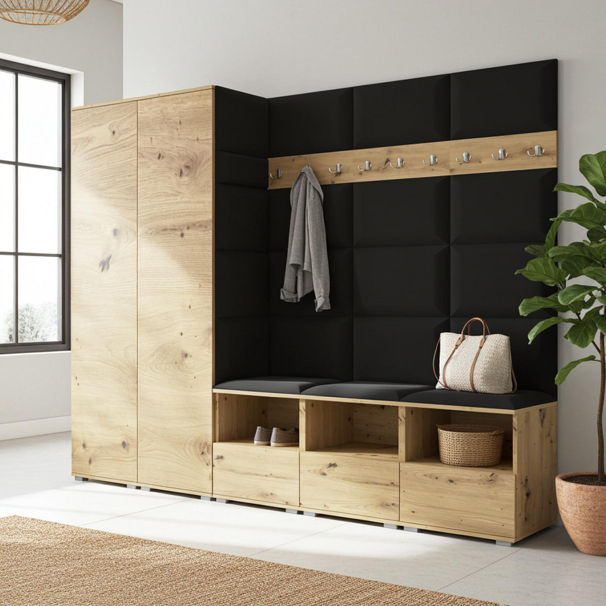 GARDEROBE NELA VII 250 cm (Modulare Flurmöbel XL Artisan Eiche mit Sitzpolster Schwarz 16 2 Schränke) - Silberfarben/Schwarz, Holz/Holzwerkstoff (250/187/40cm) - Ravio