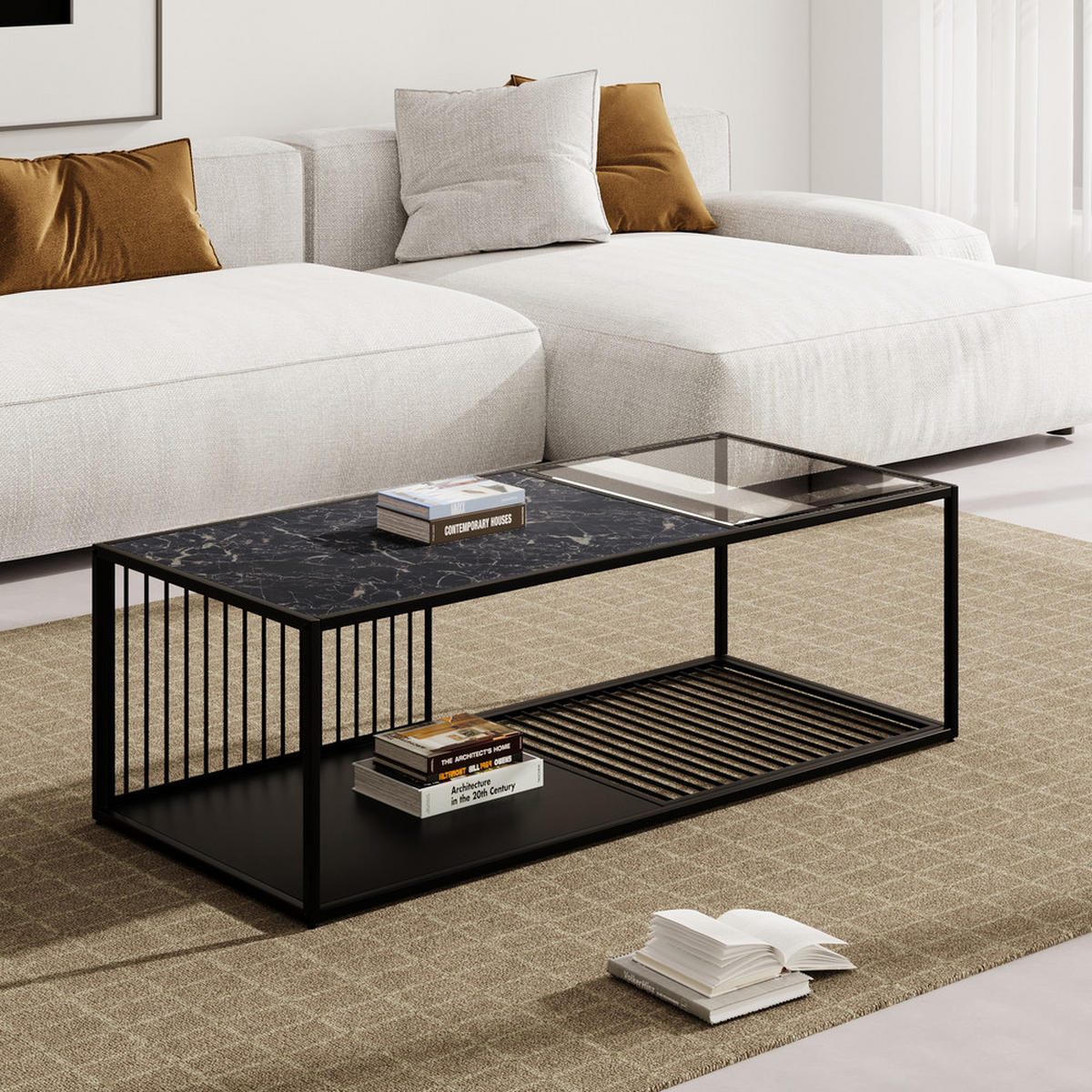 COUCHTISCH Schmiedeeisen Glas Großer Stauraum Modern Industriestil - Schwarz, Holz (116.84/60.96/15.49cm) - FLIEKS