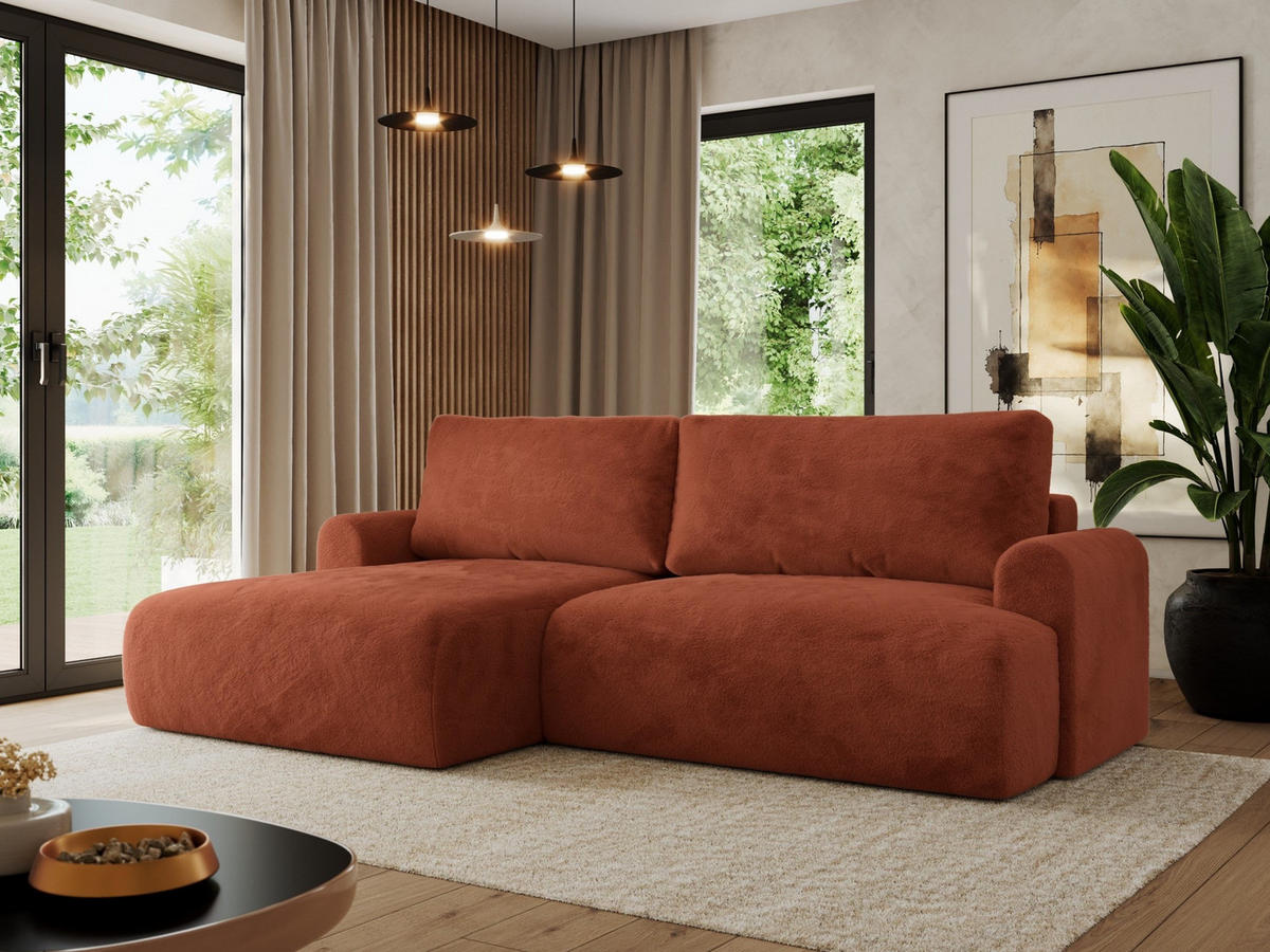 ECKSCHLAFSOFA TONO L Orange Plüsch - links - Schwarz/Orange, Kunststoff/Textil (260/150cm) - MKS