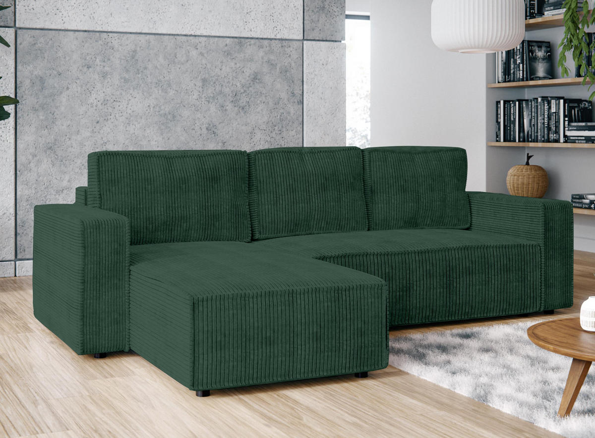 ECKSOFA L Form Aydin Grün 258/169/85 cm Cord Universal mit Schlaffunktion - Dunkelgrün/Schwarz, Kunststoff/Textil (258/169cm) - AX Living