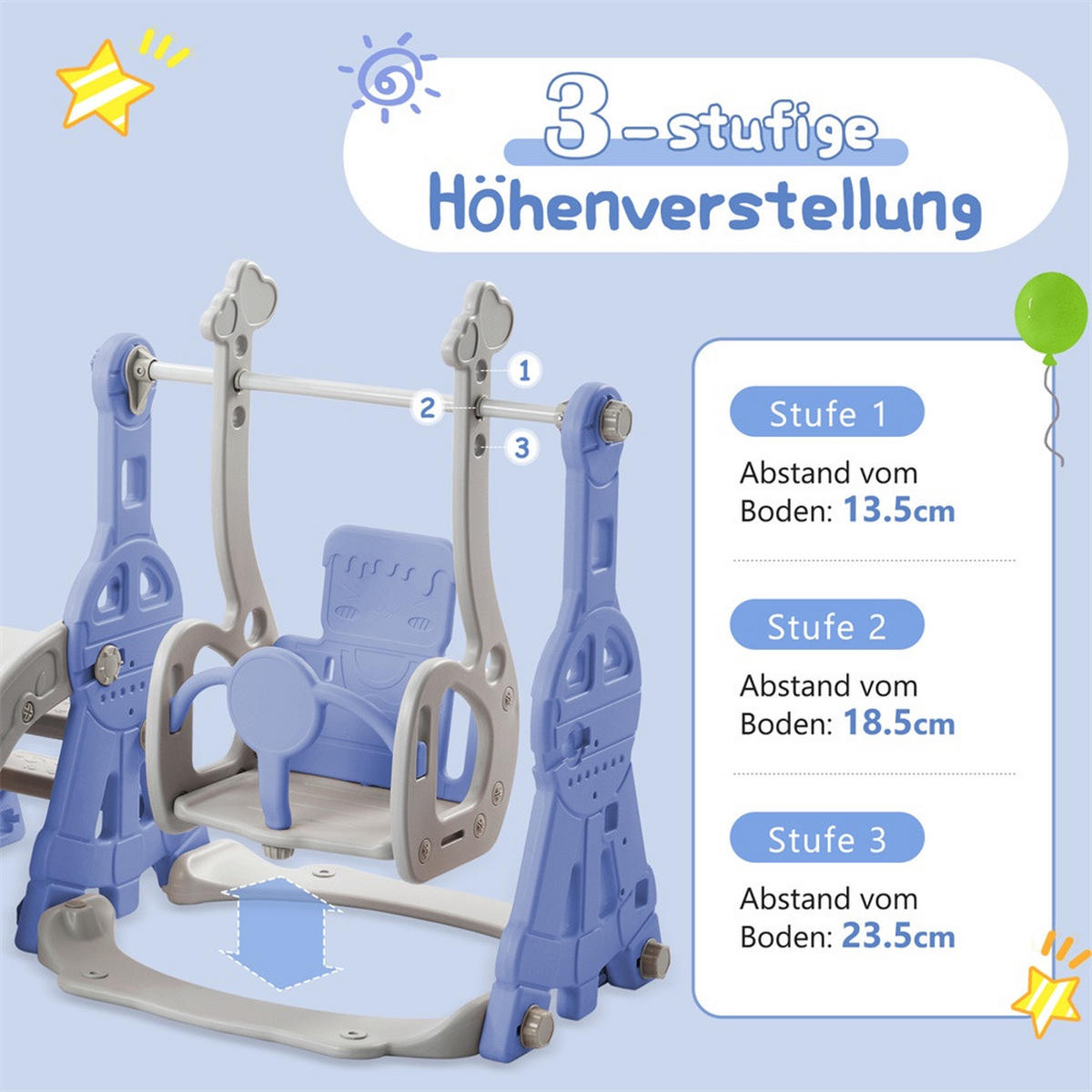 KINDERRUTSCHE mit Klettergerüst, Schaukel, Basketballkorb und Leiter - Blau-Grau - 4-in-1 Multifunktions-Spielplatz - Blau, Kunststoff (118/85/140cm) - DELFA