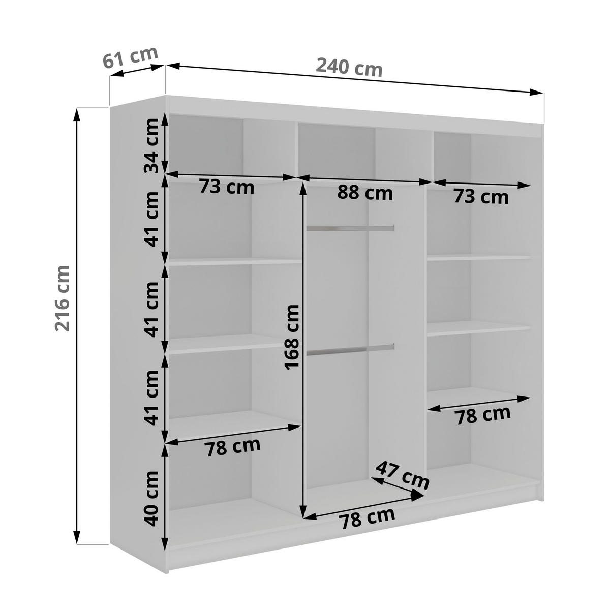 SCHWEBETÜRENSCHRANK 240 - VERONA - Weiß mit Spiegel - Alufarben/Weiß, Holzwerkstoff/Metall (240/216/61cm) - MKS