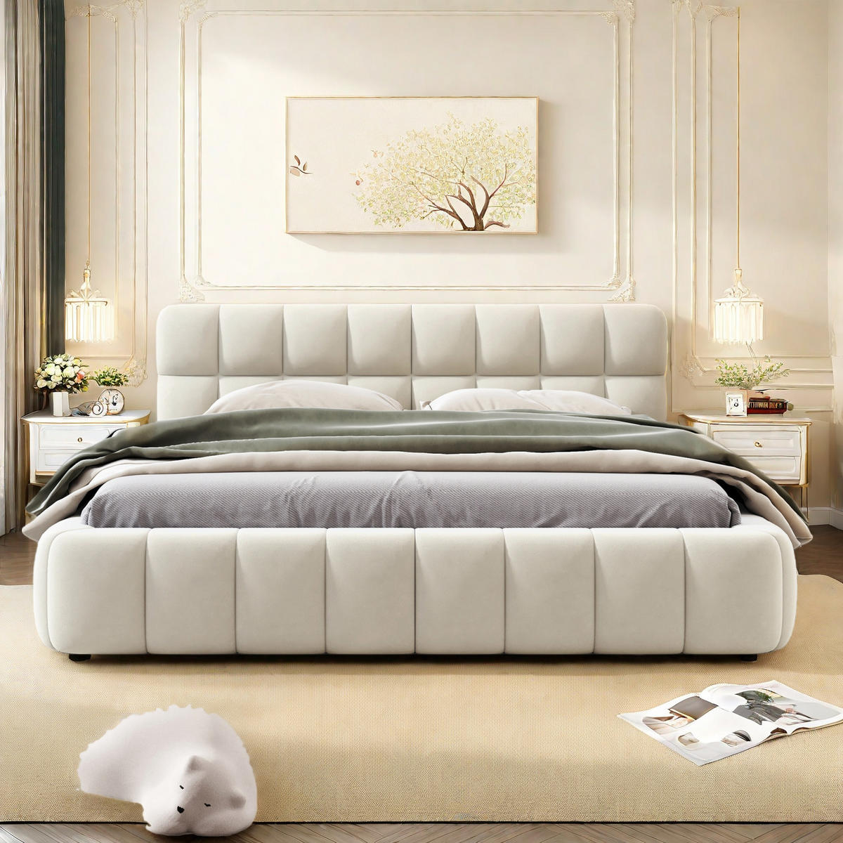 POLSTERBETT 140 x 190 cm, Bubble-Bett, mit gepolstertem Kopfteil, Lattenrost, beige, Leinenstoff. - Beige, Holz (140/200cm) - WoodenAura