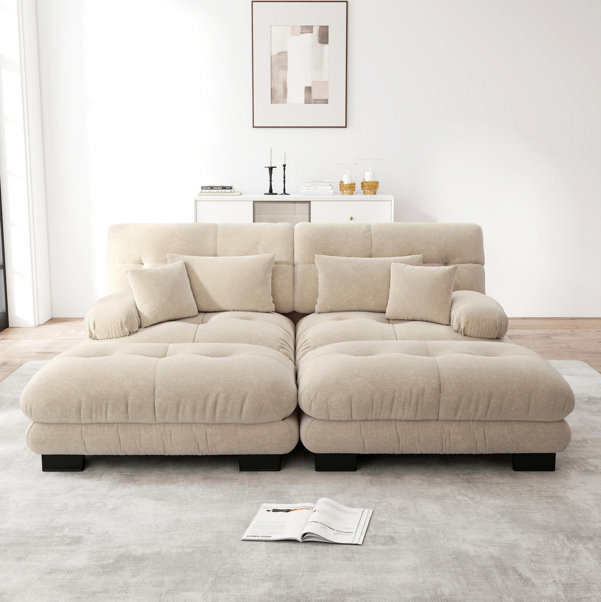 ECKSOFA 220/145/81 cm hellbraun aus Chenille mit 2 Ottomane und Kissen - Cappuccino, Textil (145/220cm) - OKWISH