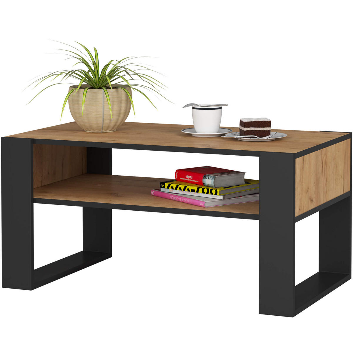 COUCHTISCH Eiche Craft, Schwarz 92 x 45 x 53 cm - Eichefarben/Schwarz, Holzwerkstoff (53/92/45cm) - Akord