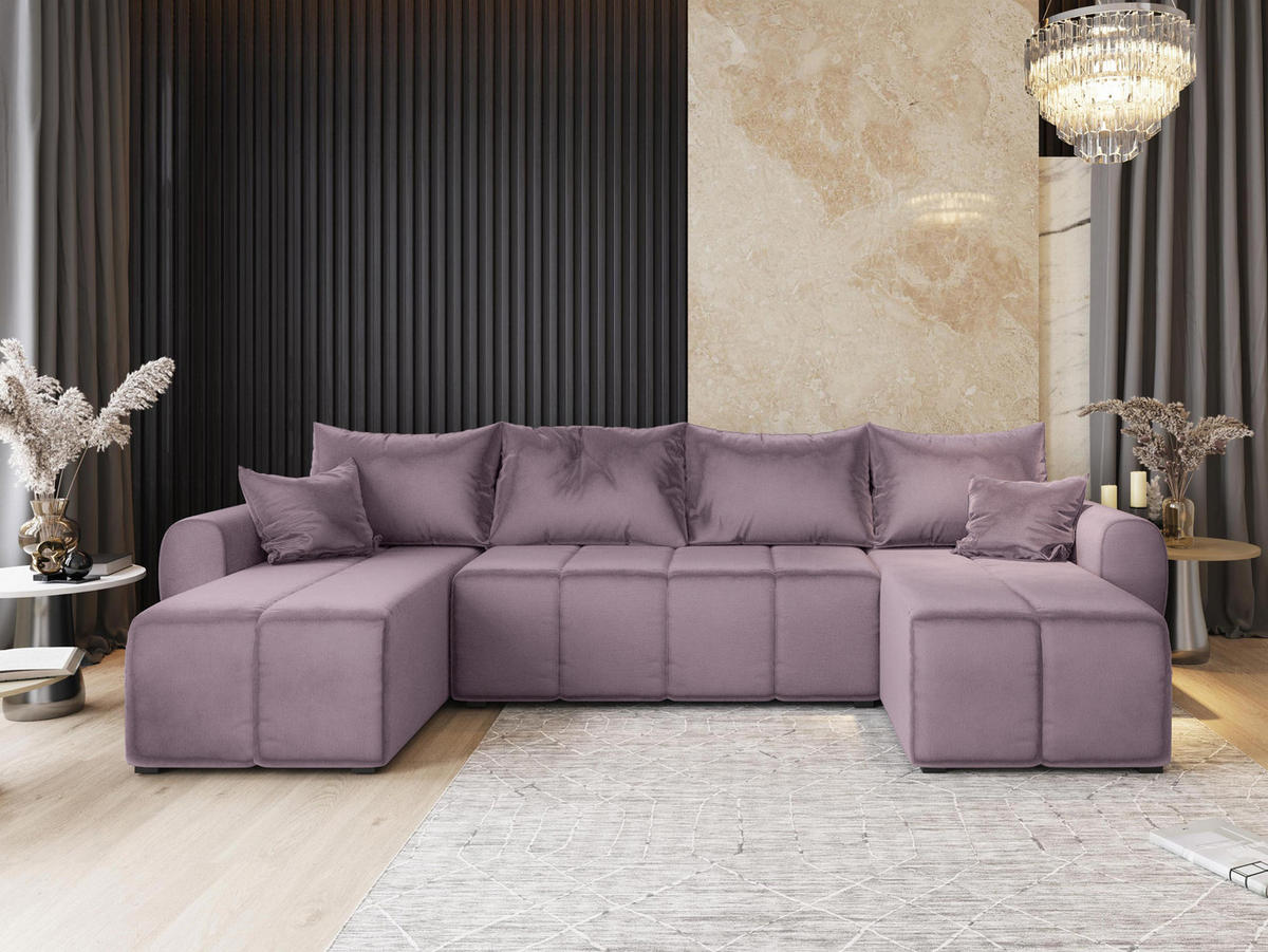 WOHNLANDSCHAFT MADISON U Rosa Plüsch-Stoff mit Schlaffunktion - Rosa, Holz (311/82/145cm) - MASSENO