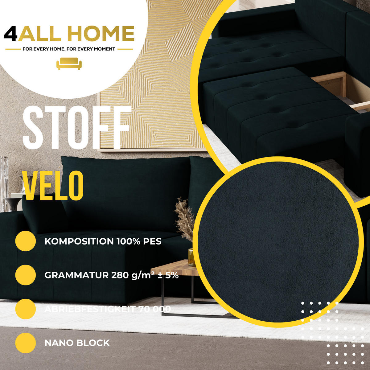 ECKSOFA Tico mit Bettkasten und Schlaffunktion, L-Form/XL-Form, Velourstoff, Universal - Anthrazit, Holzwerkstoff (276/145cm) - 4ALL HOME