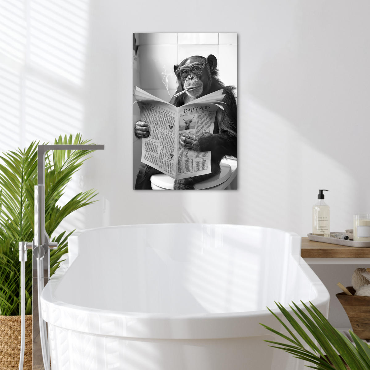 LEINWANDBILD Affe - WC - Zeitung - Schwarz-Weiß - Humor 40x60 cm - Hellgrau, Textil (40/60cm) - MuchoWow