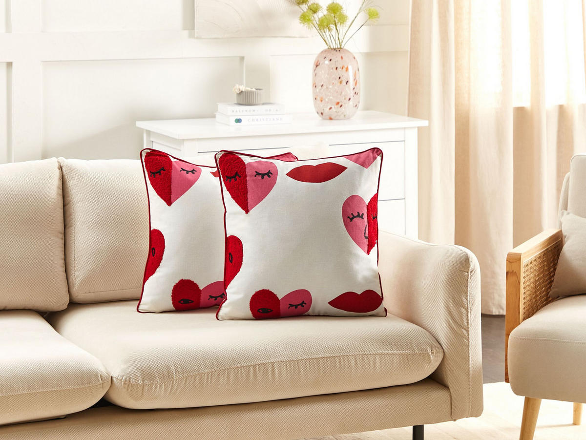 Dekokissen 2er-Set Weiß 45/45 cm Periwinkle - Pink/Rot, Naturmaterialen (45/45cm) - Beliani