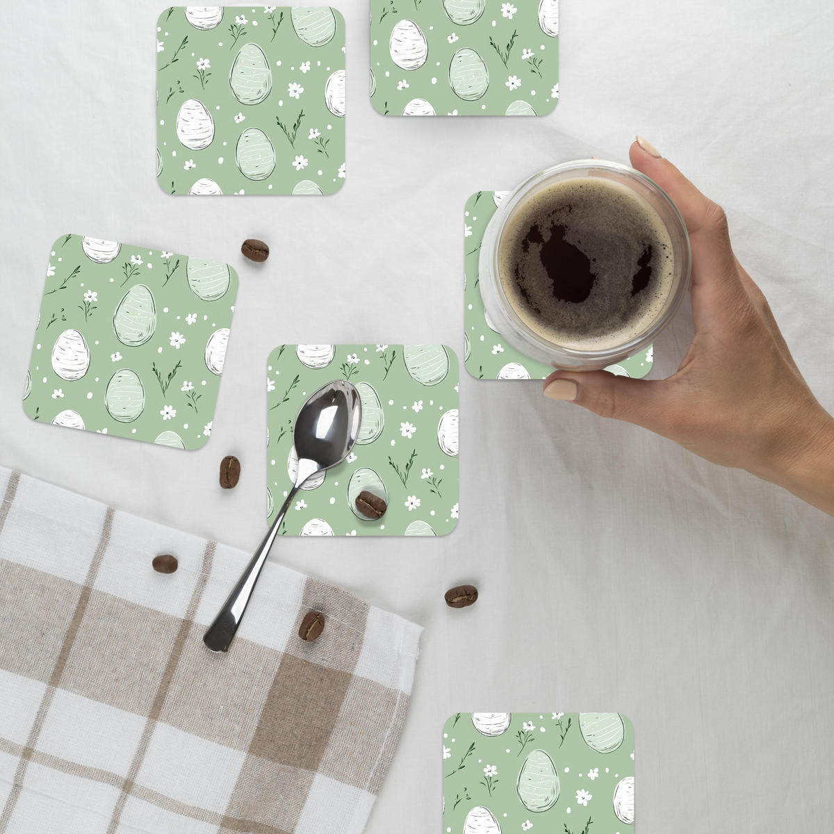 GLASUNTERSETZER 6er-Set Grün - Eier - Muster 10x10 cm - Hellgrün, Naturmaterialien (10/0.2cm) - MuchoWow