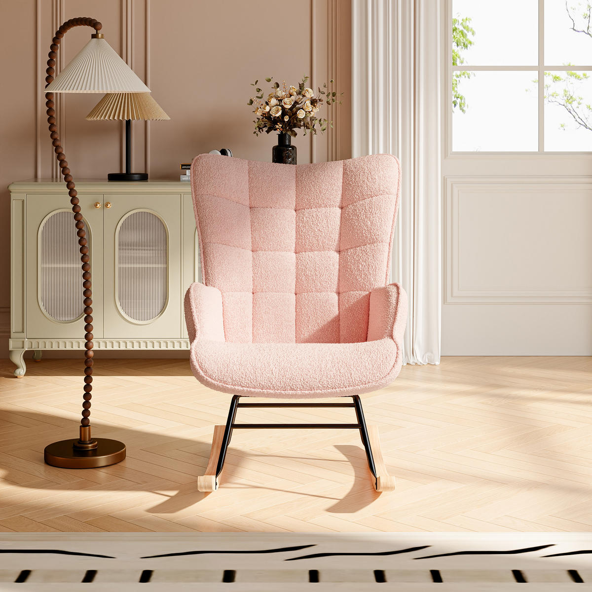 SCHAUKELSTUHL mit Metallgestell und Holzsockel, Teddystoff, Rosa - Pink, Holzwerkstoff (68/92/75cm) - BursDany
