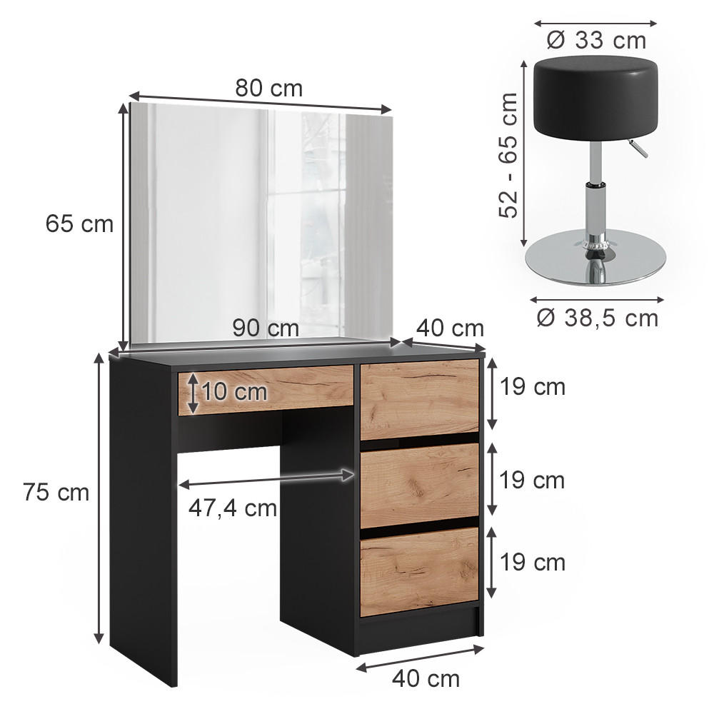 Thumbnail - Vicco Schminktisch, Anthrazit, Honigeiche, Holzwerkstoff, 4 Fächer, 4 Schubladen, Rechteckig, 90x75x40 cm, Schlafzimmer,...