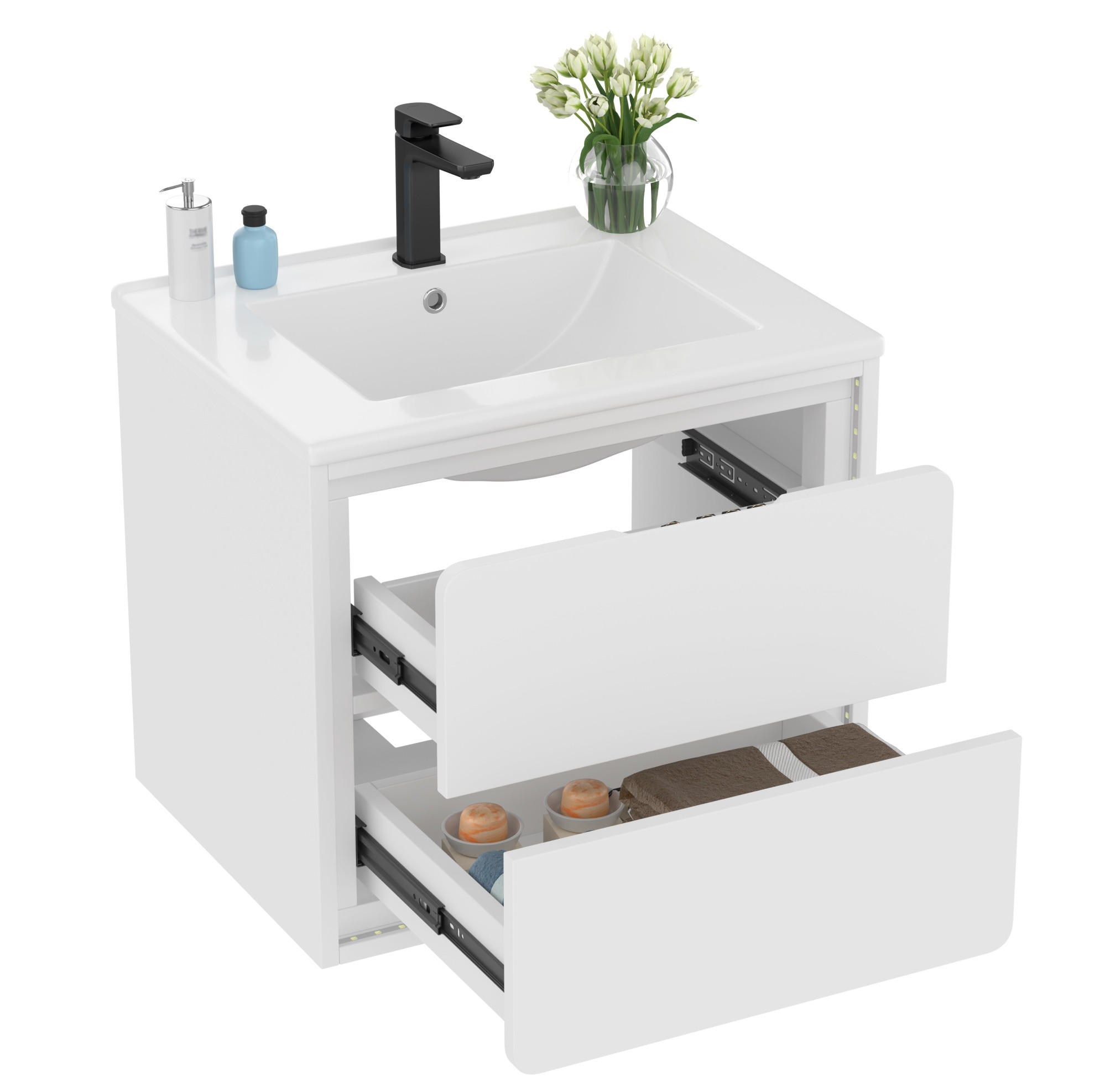 WASCHTISCHKOMBI Badezimmerschrank 60x46x50cm in Weiß mit Radar-Sensor-LED & Keramikbecken - Weiß, Holzwerkstoff (60/50/46cm) - Modfu