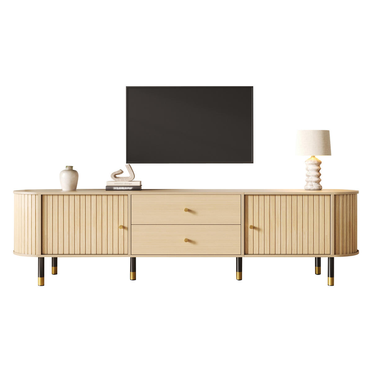 TV-ELEMENT180X40X58CM mit Schiebetüren und Schubladen in Naturfarbenholzoptik - Naturfarben, Holz (46.51/18.01/75.79cm) - Raelunyi