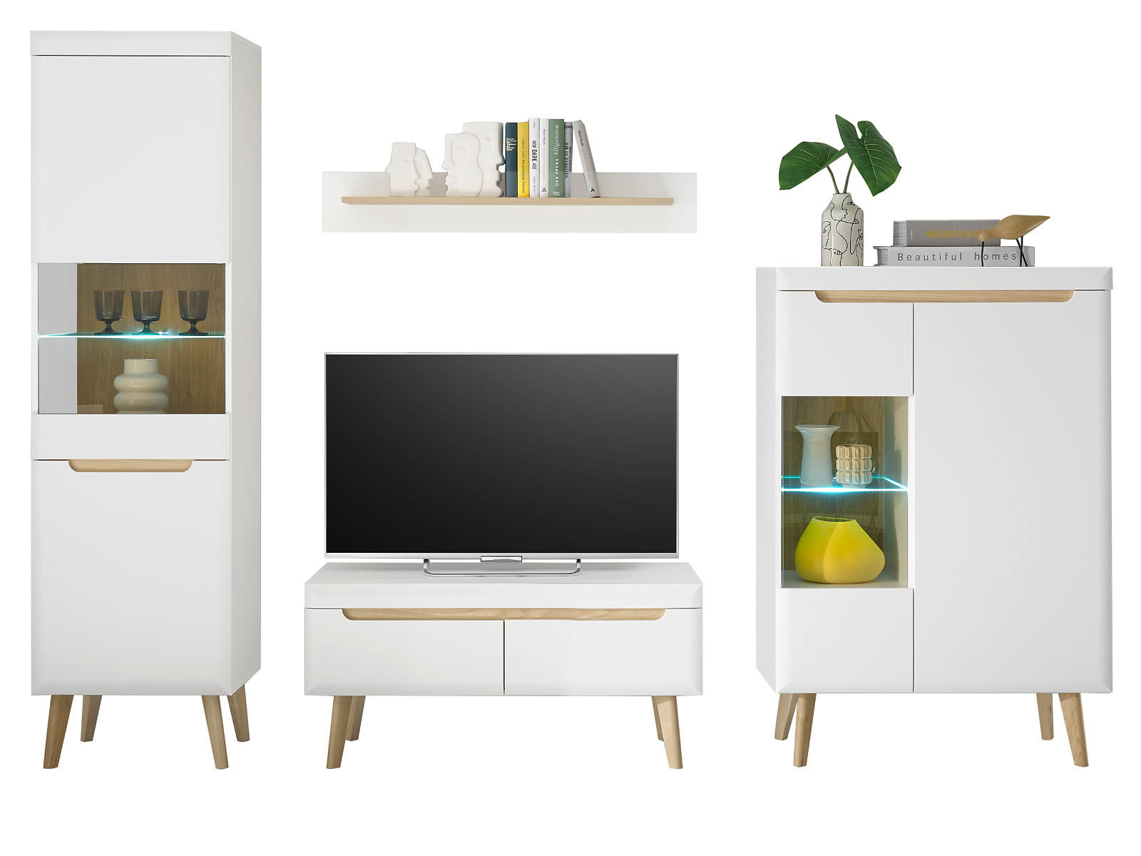 WOHNWAND 4-teilig weiß matt, Eiche, skandinavisch 290 cm, Wohnkombination mit Soft-Close-Funktion - Eichefarben/Weiß, Glas/Holz (290/197/40cm) - Furn.Design