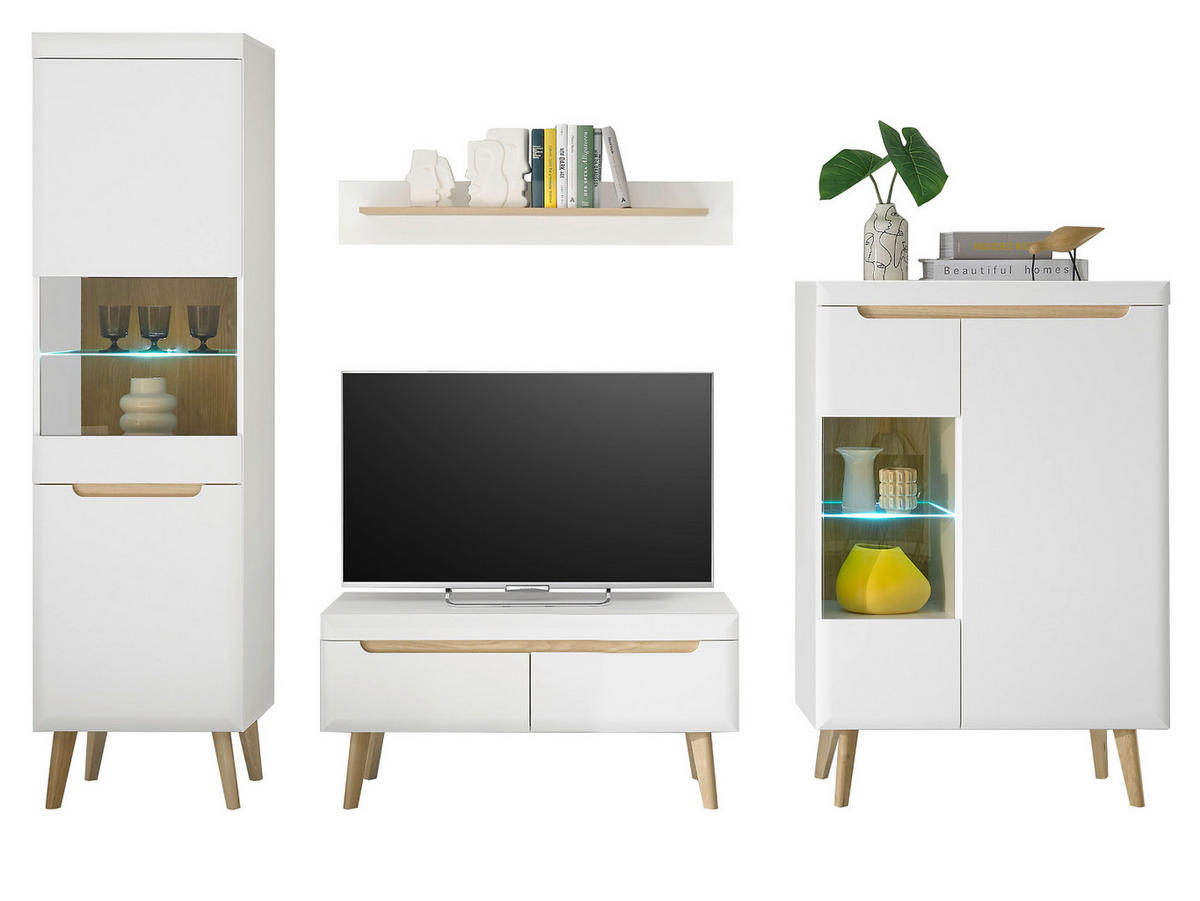 WOHNWAND 4-teilig weiß matt, Eiche, skandinavisch 290 cm, Wohnkombination mit Soft-Close-Funktion - Eichefarben/Weiß, Glas/Holz (290/197/40cm) - Furn.Design