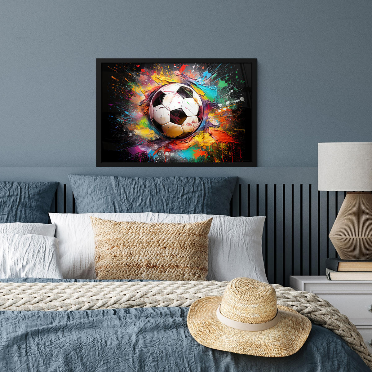 POSTER MIT RAHMEN Fußball - Farbe - Farben - Schwarz - Weiß 60x40 cm - Weiß, Papier (60/40cm) - MuchoWow