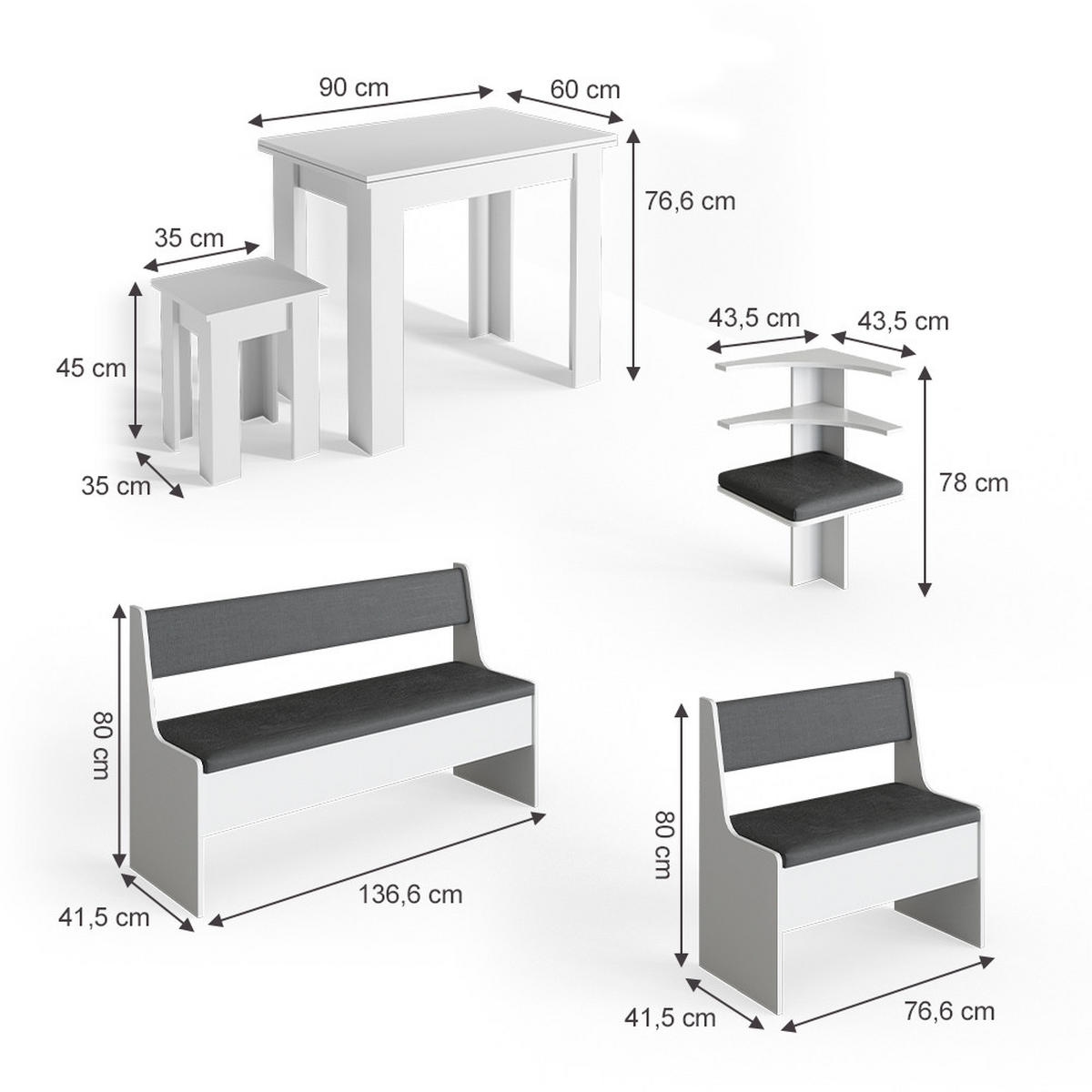ECKBANKGRUPPE Roman Weiß 180 x 41.5 cm mit Tisch - Anthrazit/Weiß, Holzwerkstoff (180/80/120cm) - Vicco