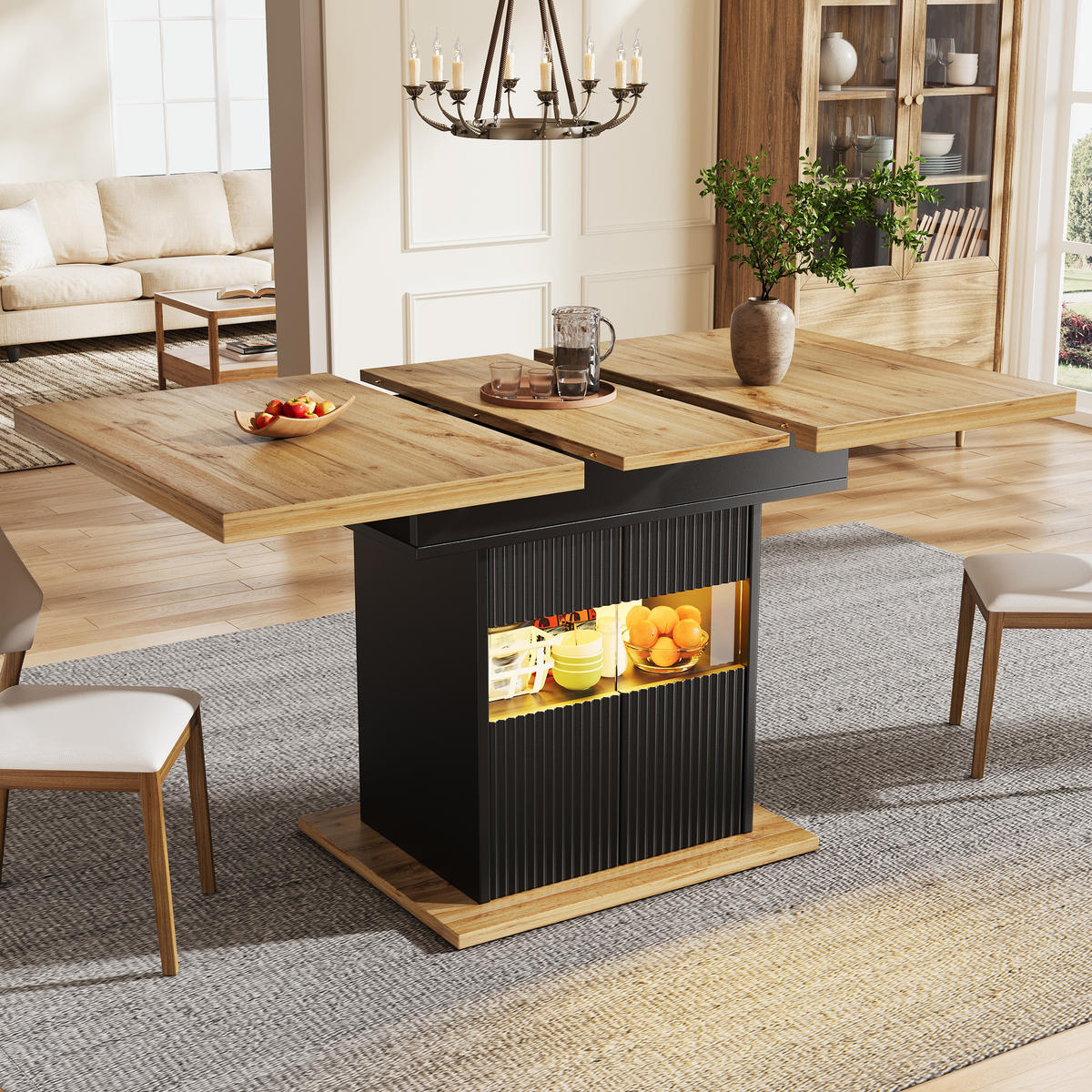 ESSTISCH Ausziehbar LED Stauraum Schwarz Holz - Schwarz, Metall (80/110/76cm) - FLIEKS