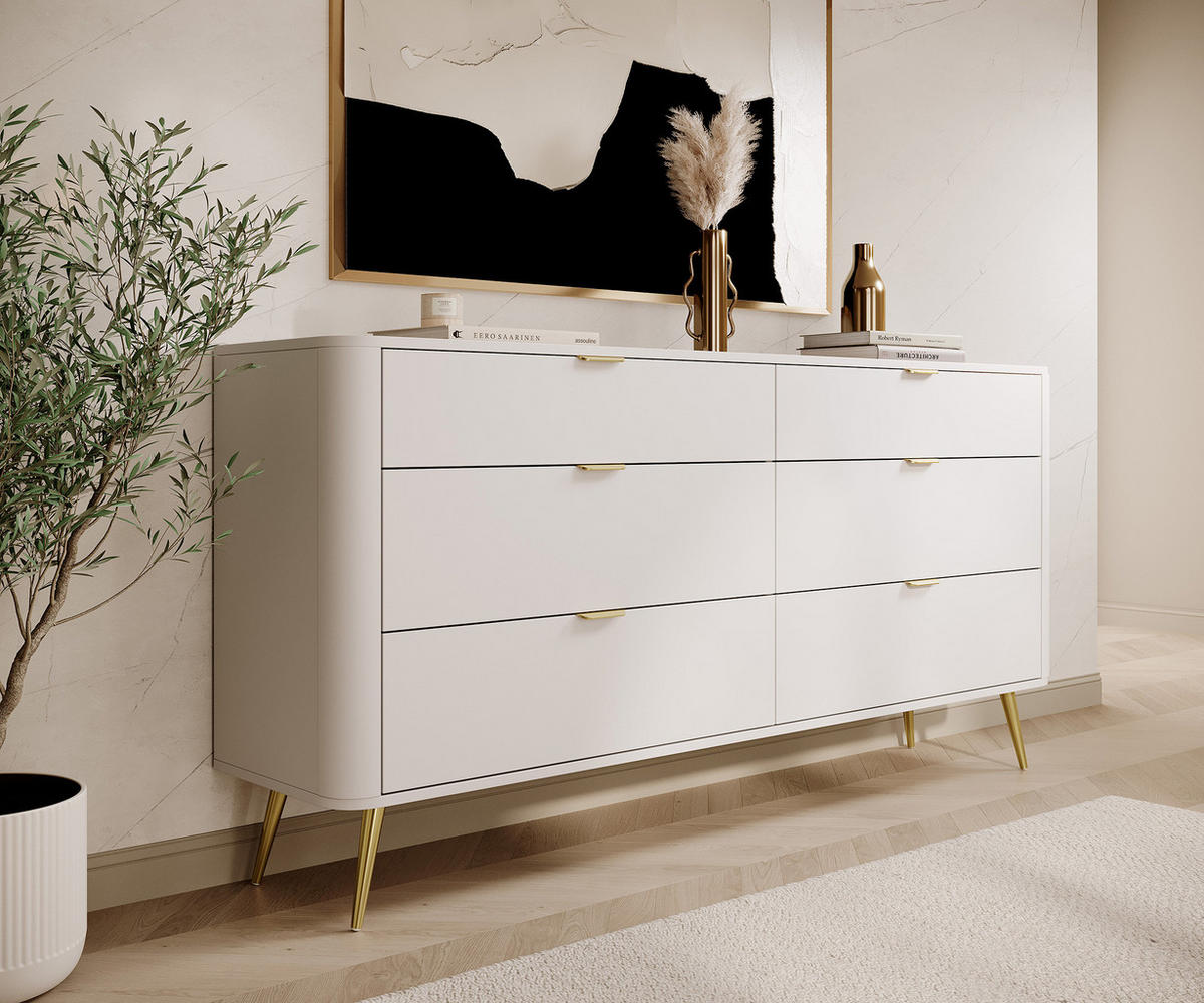 KOMMODE Oval Weiß 172 cm - Goldfarben/Weiß, Holzwerkstoff/Metall (172/84/38cm) - Selsey