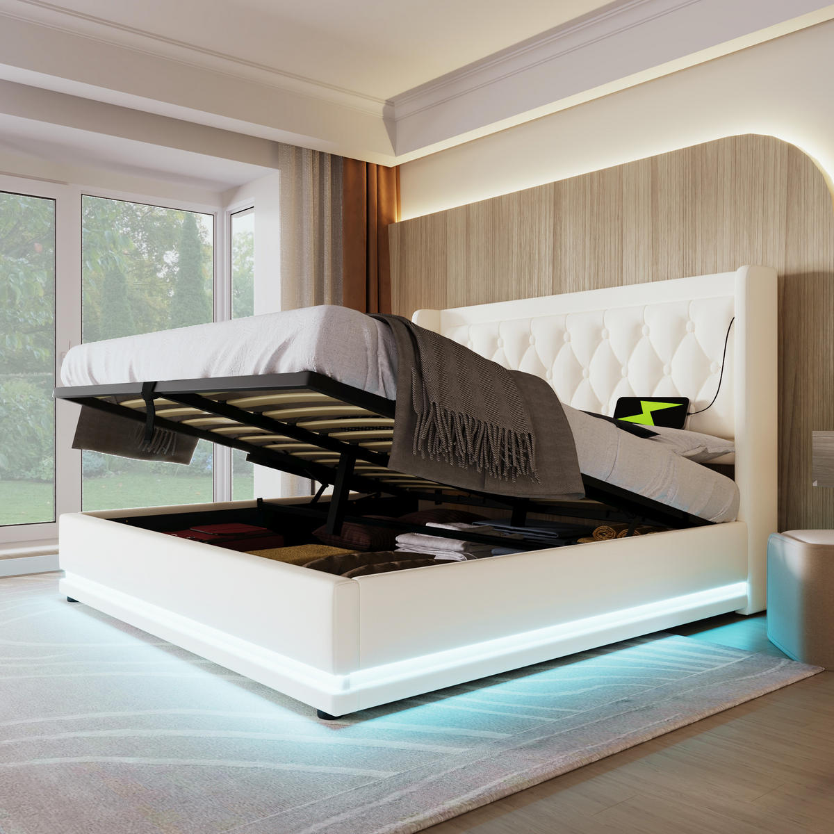 POLSTERBETT 160/200 cm Weiß PU mit hydraulischem Stauraum und USB-C-Anschlüssen - Weiß, Kunststoff (160/200cm) - OKWISH