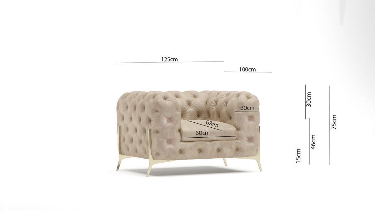 SITZGARNITUR 3+2+1 Chesterfield Vertex Beige Samt - Beige/Goldfarben, Holz/Textil (225/75/100cm) - S-Style Möbel