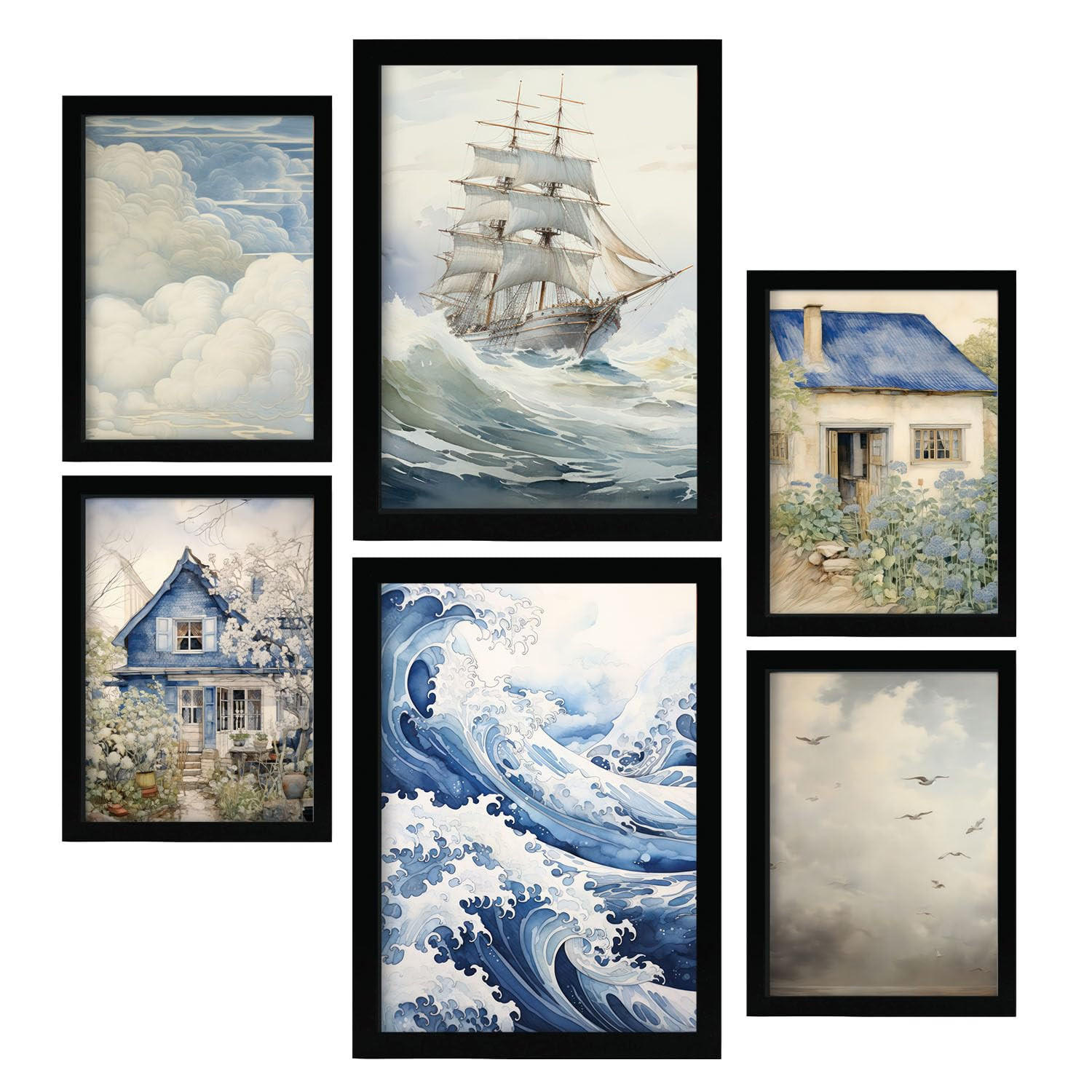 POSTER Set Mit 6 Seehaus A3 & A4 Schwarzer Rahmen - Schwarz, Papier (29/3cm) - Nacnic