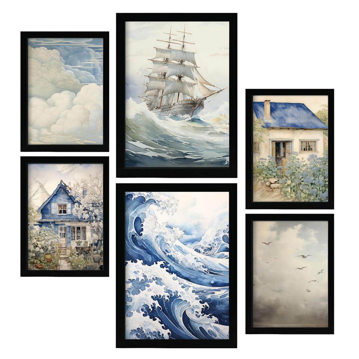 POSTER Set Mit 6 Seehaus A3 & A4 Schwarzer Rahmen - Schwarz, Papier (29/3cm) - Nacnic