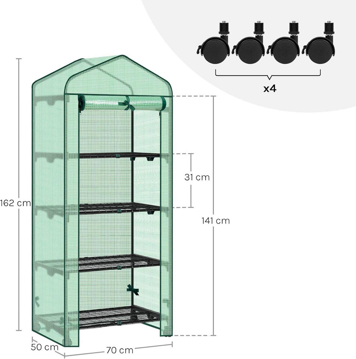 GEWÄCHSHAUS mit Rollen, Foliengewächshaus mit 4 Regalen - Grün, Textil/Metall (70/162/50cm) - Woltu
