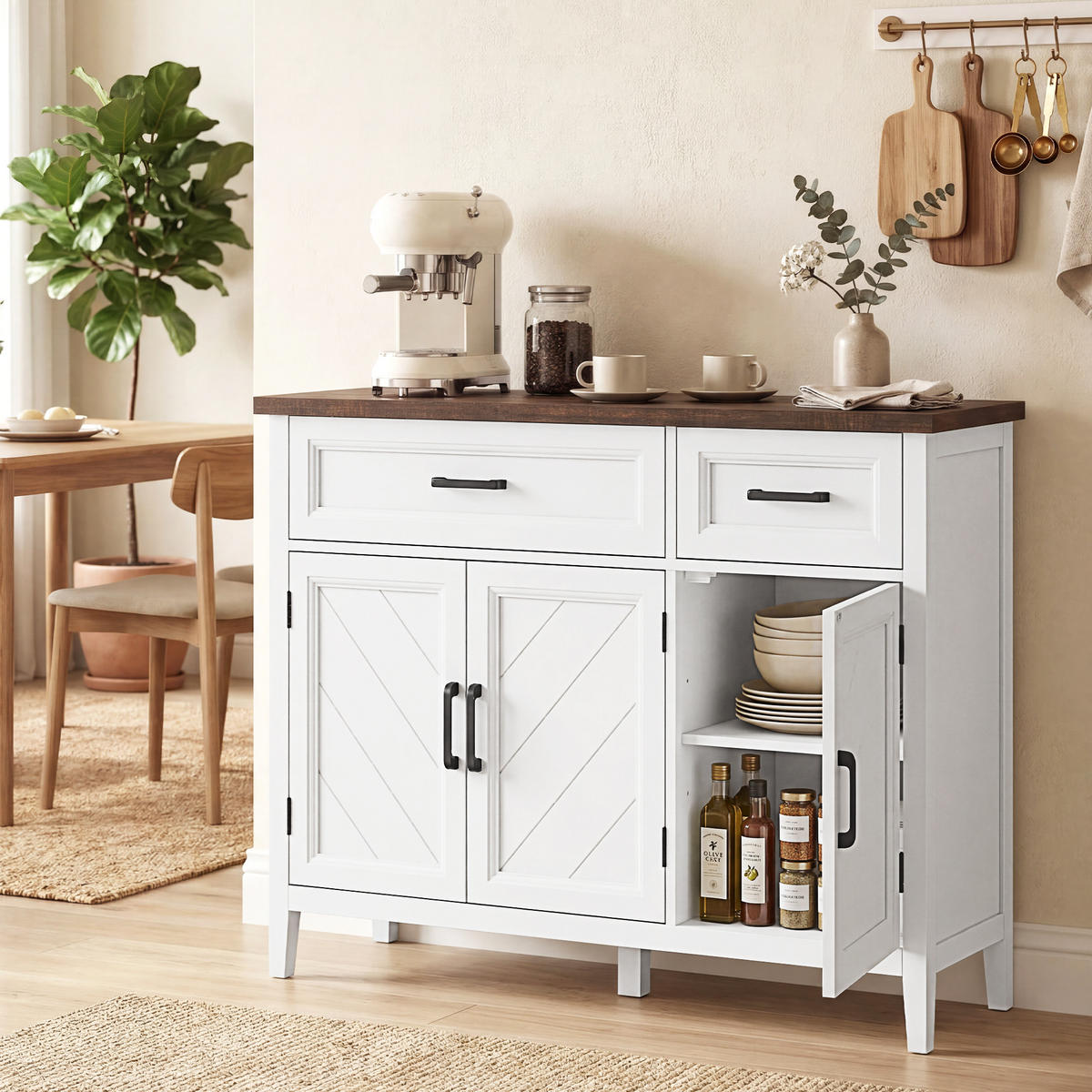 SIDEBOARD Weiß/Braun, 3 Türen, 2 Schubladen, 110/35/80,5 cm - Weiß, Holz (110/80.5/35cm) - PANGIVO