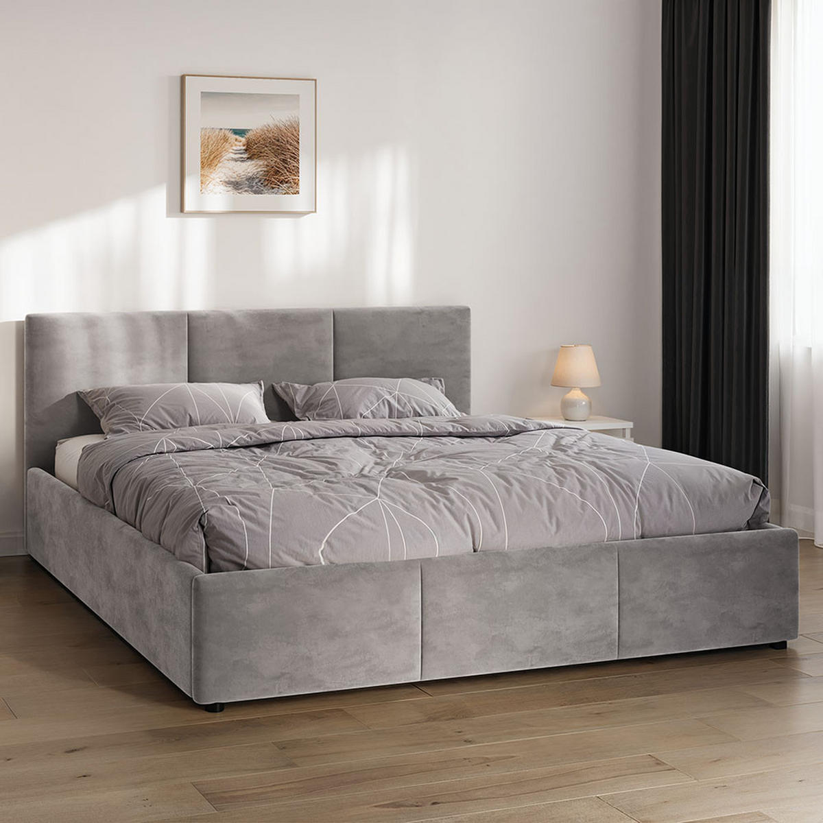 POLSTERBETT 160×200 cm mit Bettkasten und Lattenrost Nela HLR-22 Grau Velours - Grau, Holz/Metall (160/200cm) - Jana