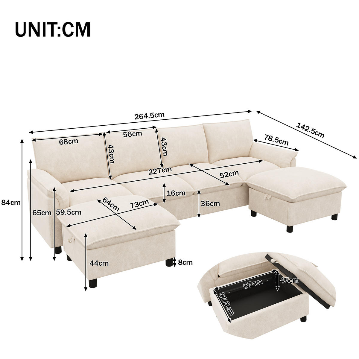 WOHNLANDSCHAFT 264.5/142.5/84 cm Beige mit 2 Aufbewahrungs-Ottomane - Beige, Textil (142.5/84/264.5cm) - Oxeza